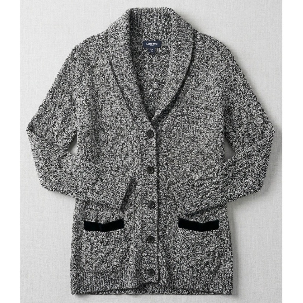 Lands' End Drifter Cardigan Women XL Black White Marled Cable Knit Cotton